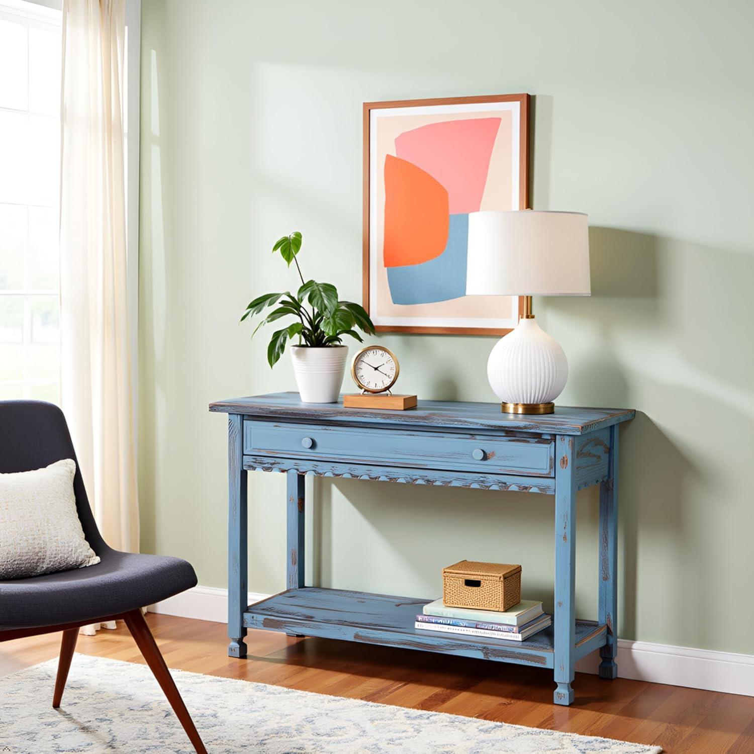 Alaterre Furniture Country Cottage Media/Console Table, Solid Pine Wood Perfect for Living Room, Entryway, Hallway, Blue Antique Finish