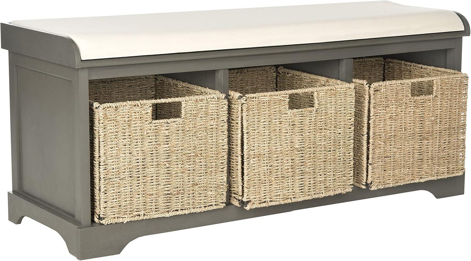 Transitional Beige-Gray Wicker Storage Bench with Cushioned Top