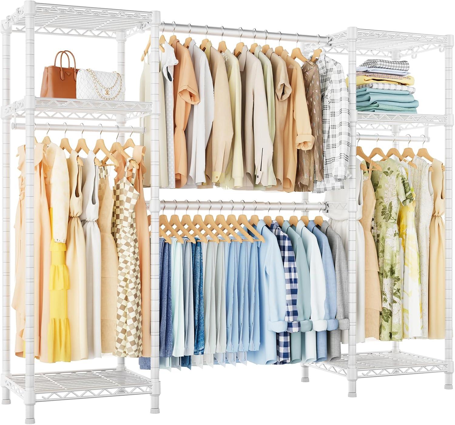 Ulif E7 Heavy Duty Garment Rack, Clothes Organizer and Storage Rack with Expandable Hangers, Metal Clothing Rack with 6 Wire Shelves, (52.3"-72") W x 14.5" D x 71.2" H, Load 838 LBS, White