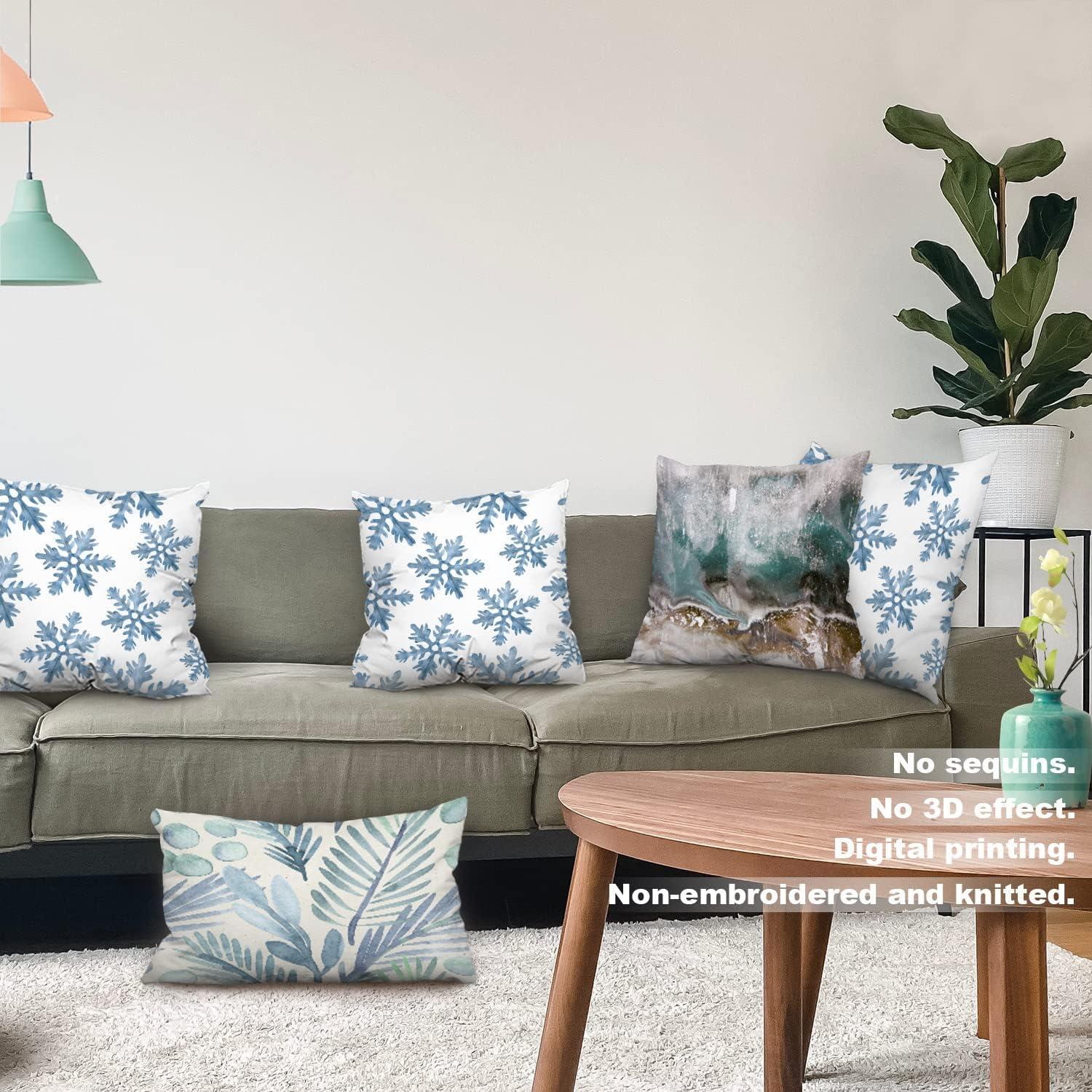 Batmerry Christmas Blue Decorative Pillow Covers, 16 x 16 Inch Blue Snow Winter with Snowflakes Falling White Crystal Double Sided Throw Pillow Covers Sofa Cushion Cover Square 16 Inches(Set of 2)