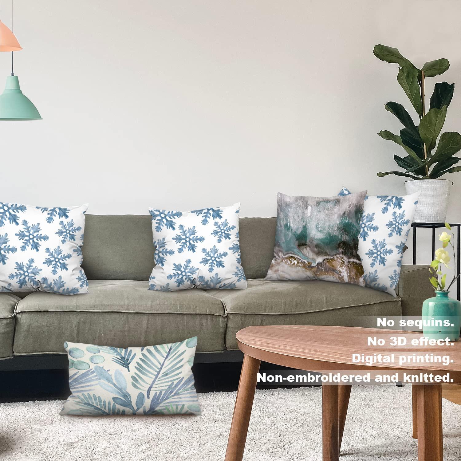 Batmerry Christmas Blue Decorative Pillow Covers, 16 x 16 Inch Blue Snow Winter with Snowflakes Falling White Crystal Double Sided Throw Pillow Covers Sofa Cushion Cover Square 16 Inches(Set of 2)