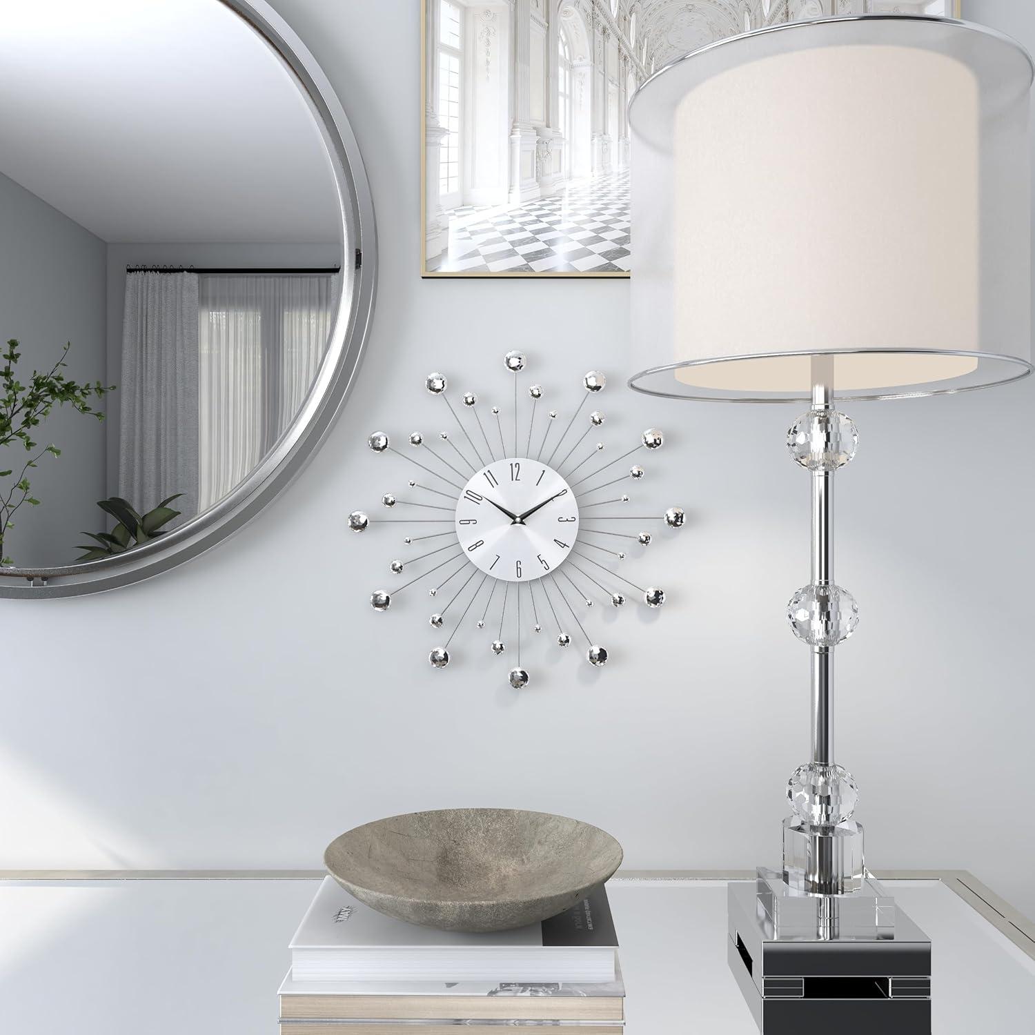 DecMode 15" Silver Metal Starburst Wall Clock with Crystal Accents