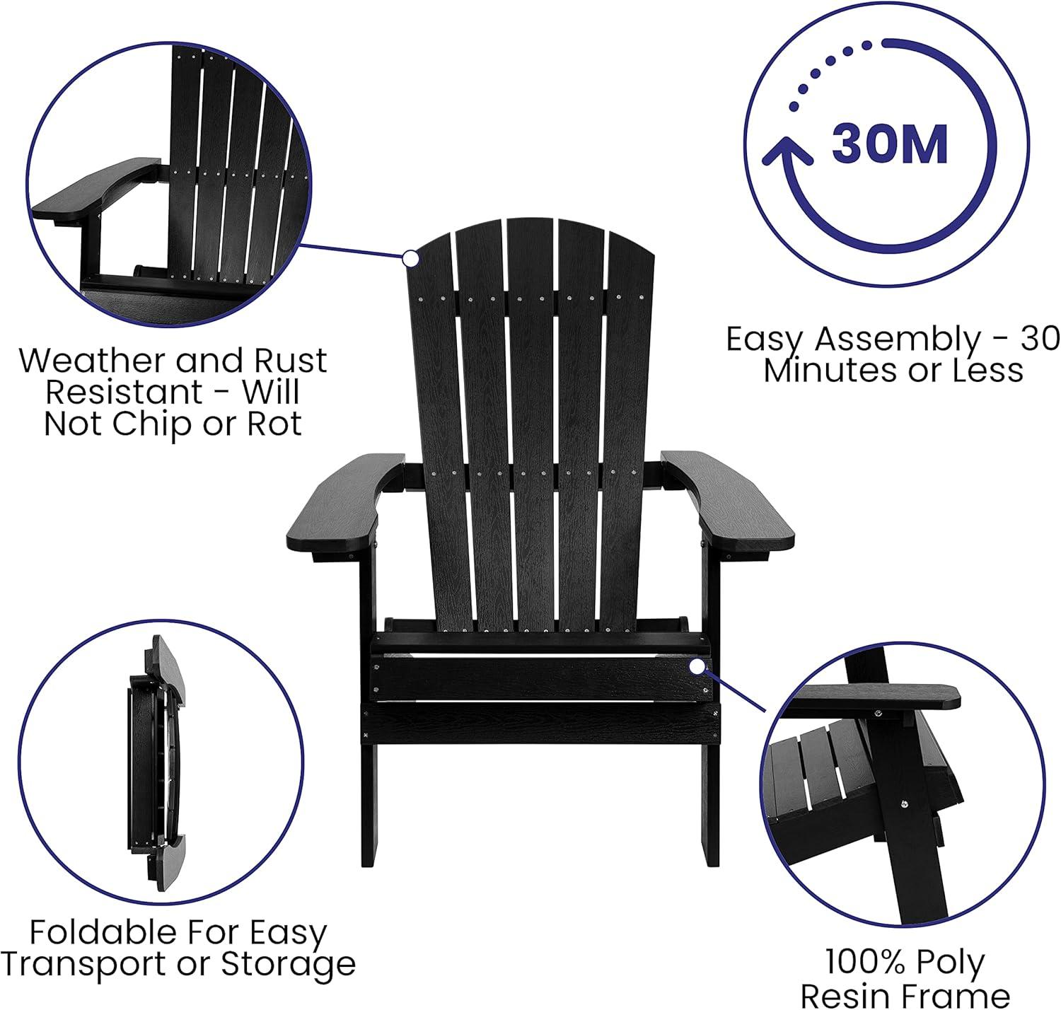 Flash Furniture Charlestown All-Weather Poly Resin Indoor/Outdoor Folding Adirondack Chair in Black