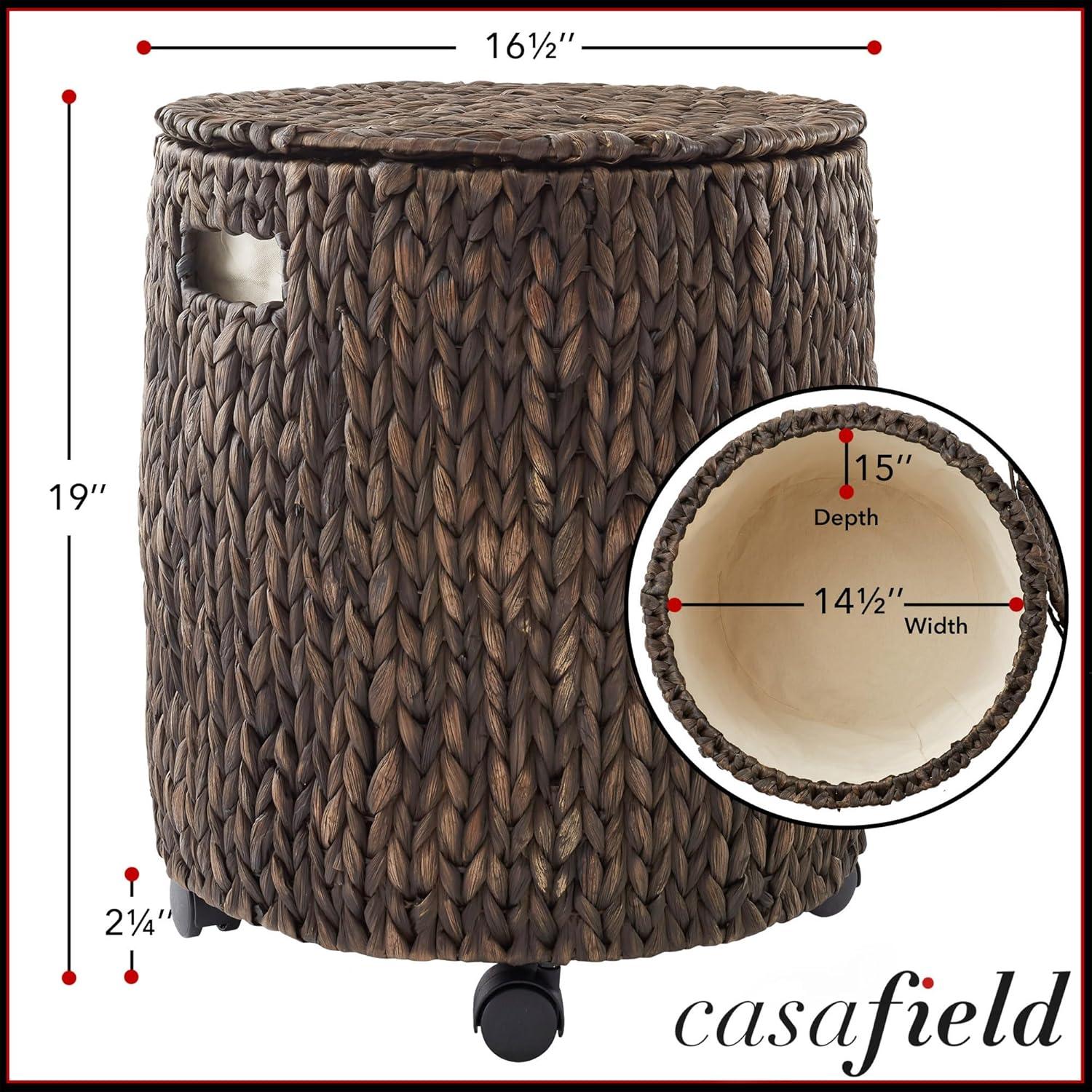 Casafield Rolling Storage Basket - Espresso, Handwoven Hyacinth Rolling Hamper with Lid, Storage Bin on Wheels for Living Room, Bathroom, Laundry