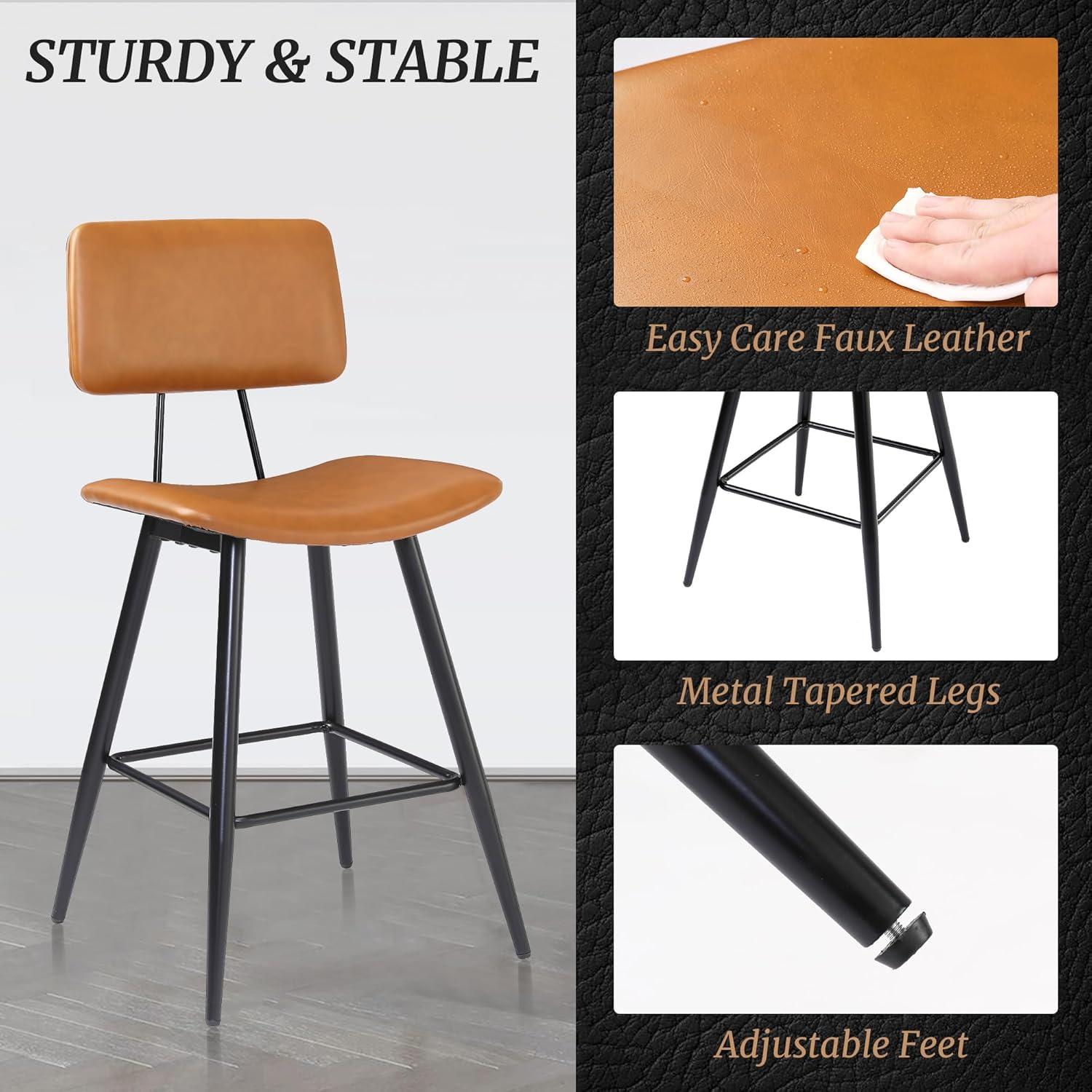 Dycanpo 24.5" Counter Height Bar Stools Set of 2, Faux Leather Upholstered Barstools, Brown
