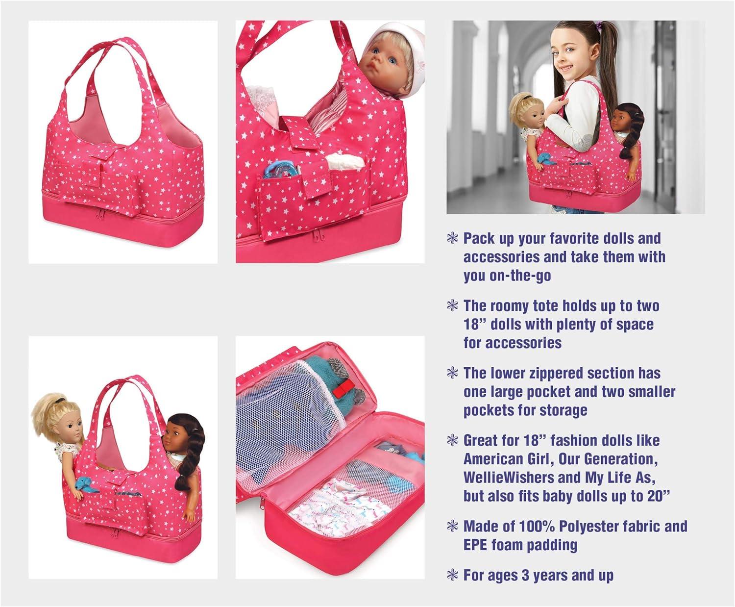Badger Basket On-the-Go Doll Tote and Storage Bag - Pink Stars