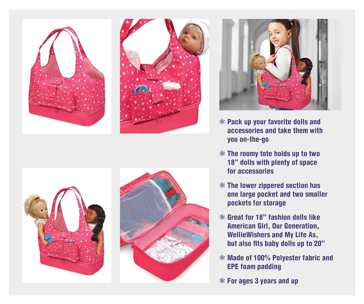 Badger Basket On-the-Go Doll Tote and Storage Bag - Pink Stars