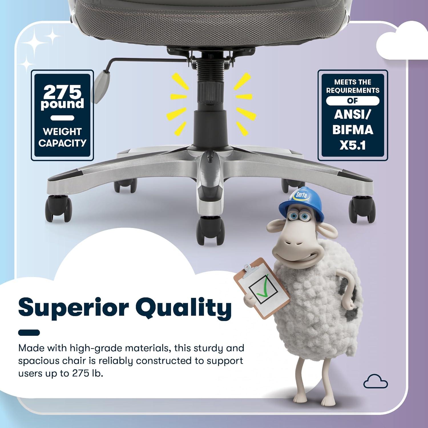 Amplify Executive Mesh Office Chair Seamless Light Gray - Serta: Ergonomic with Fixed Arms & Casters, Adjustable Height