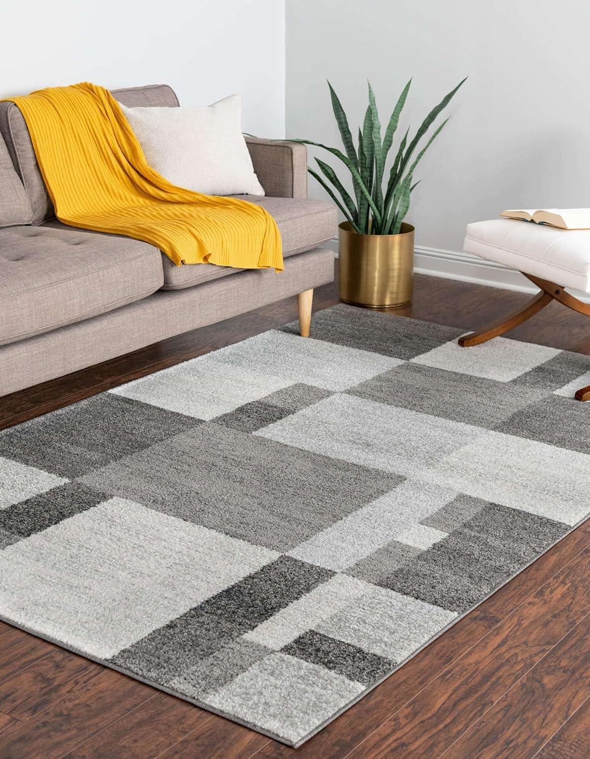 Gray and Ivory Geometric Checkered 5' x 8' Area Rug