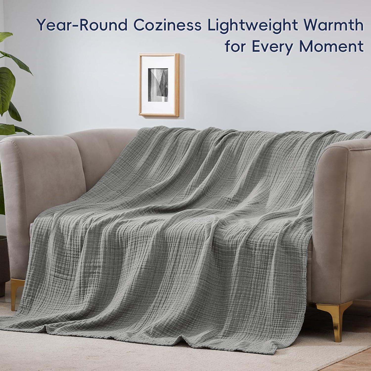 PHF 100% Cotton Muslin Blanket King Size 108" x 90", 4-Layer Lightweight and Breathable Blanket for Summer, Luxuriously Soft Gauze Bedding for Bed, Natural Minimalism Style, Ideal, Gift Grey