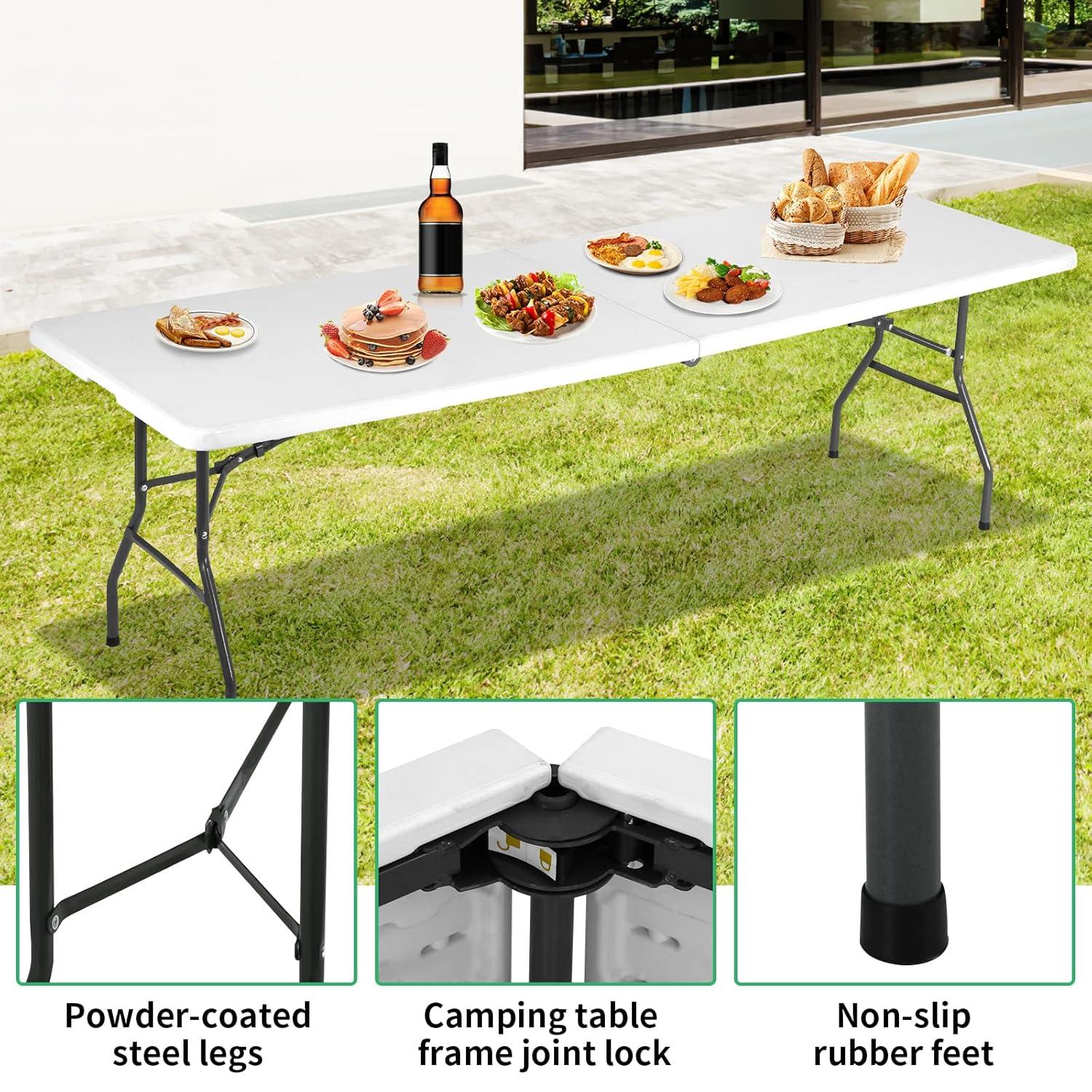 Folding Table 6 Foot,  Heavy-Duty, Portable Plastic Construction with Carrying Handle – Perfect for Picnics, Parties, and Office Indoor Outdoor Use, White
