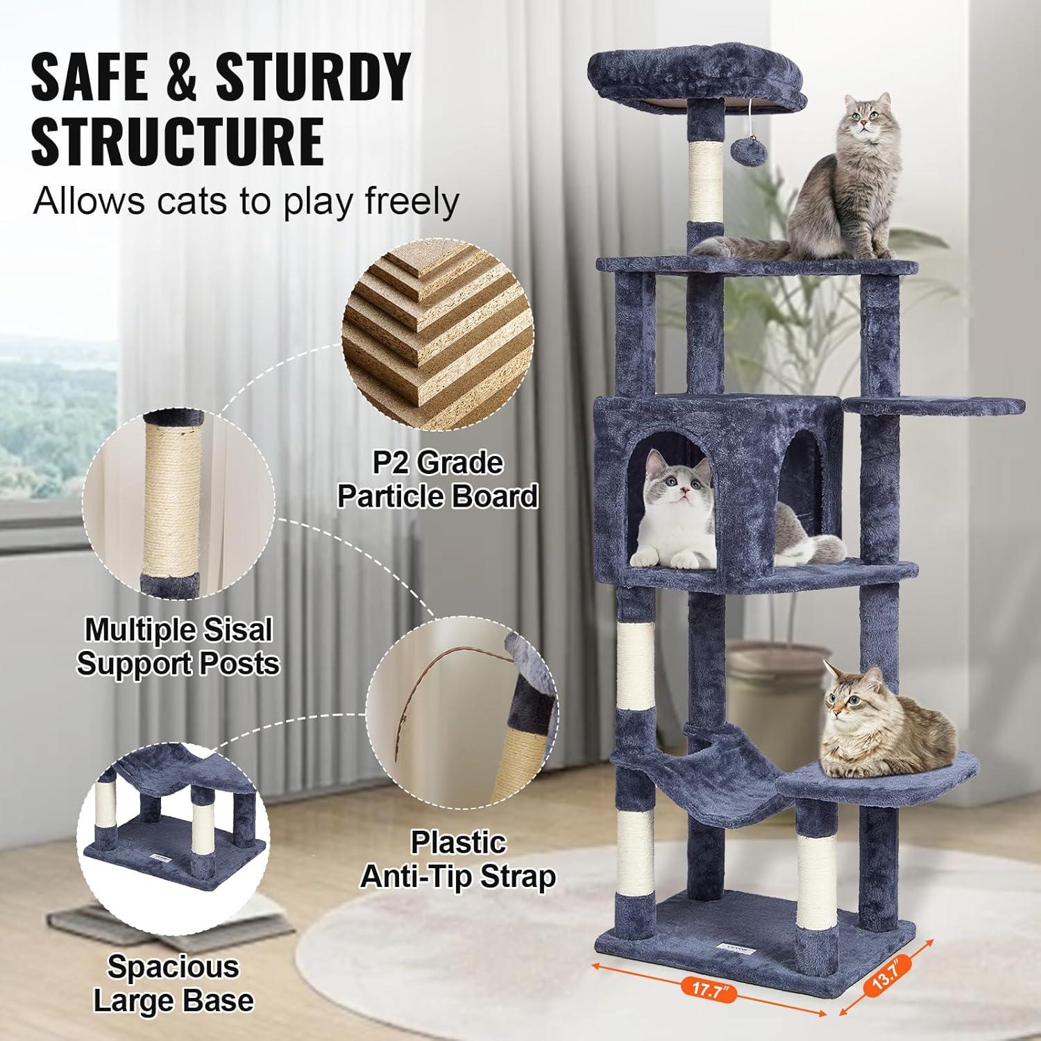 Dark Grey 60.6'' Sisal Cat Tree with Hammock and Condo