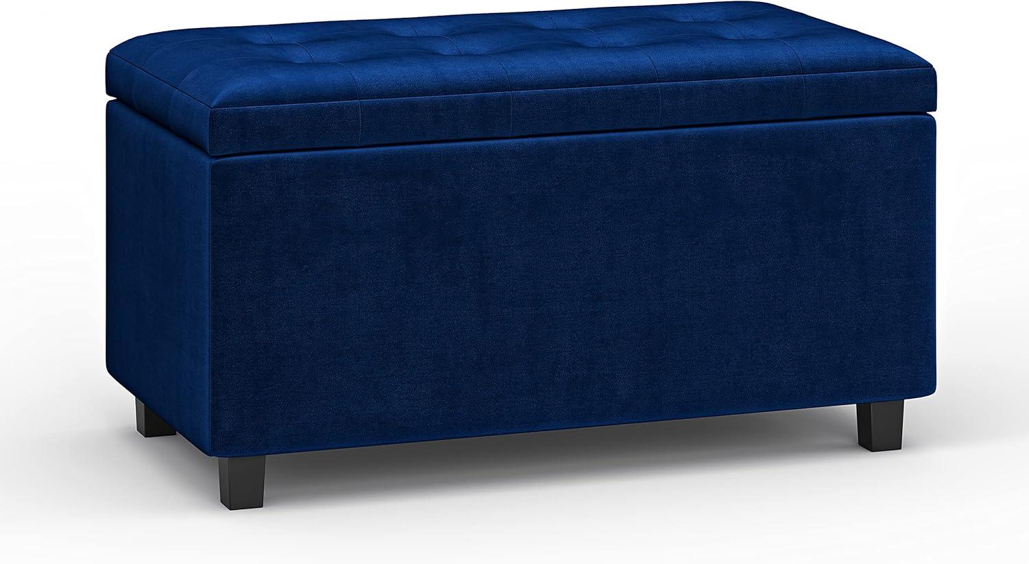 Blue Velvet Tufted Storage Ottoman with Solid Wood Frame