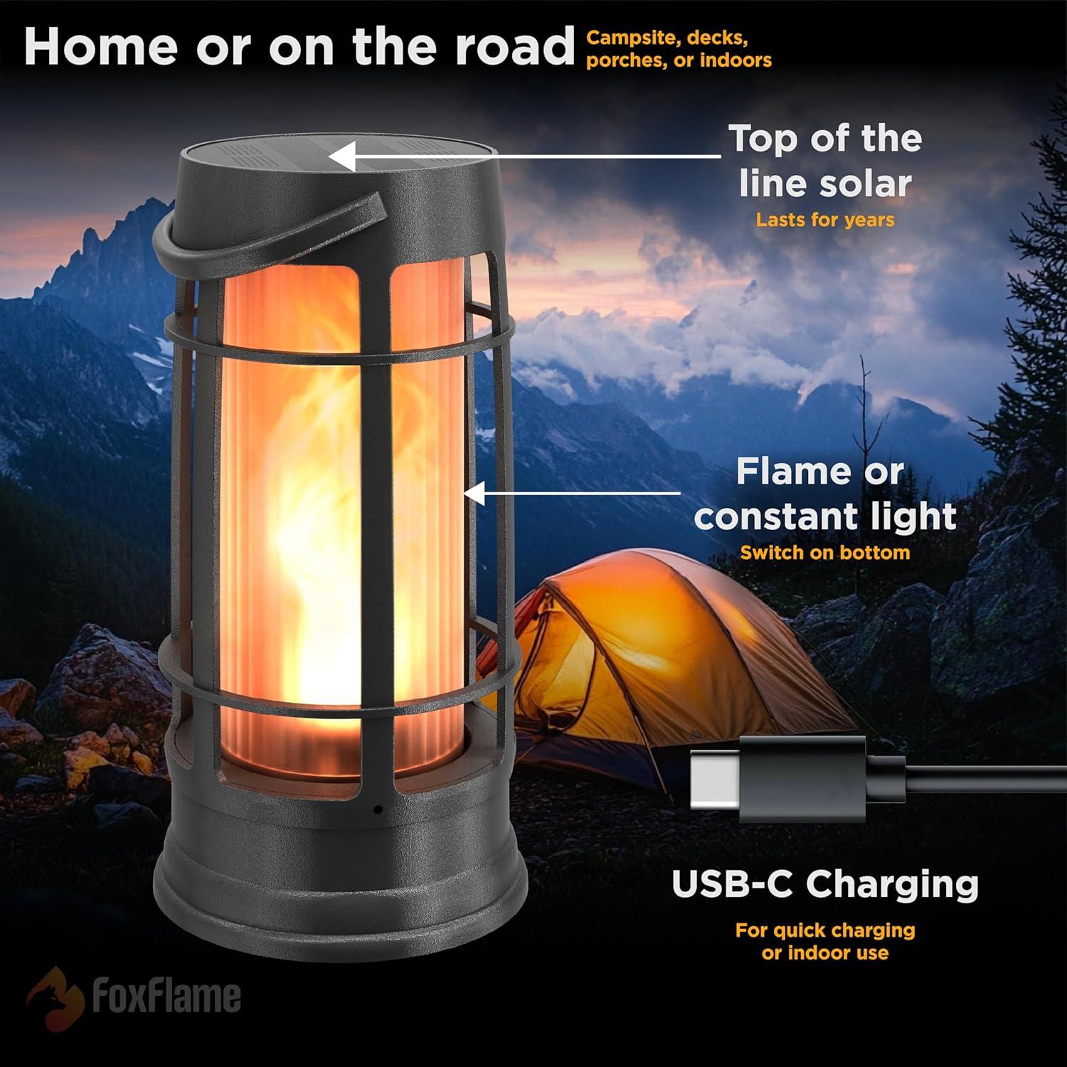 FoxFlame Professional Metal Solar Flame Lantern - Patented LED Flickering - Outdoor Waterproof - Hanging Option