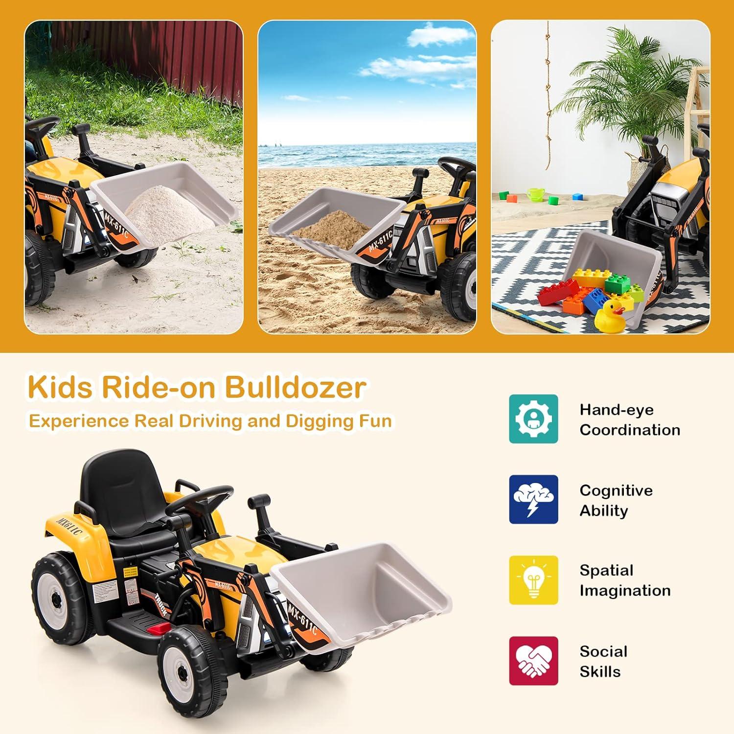 12V Yellow Kids Ride-On Excavator with Adjustable Bucket