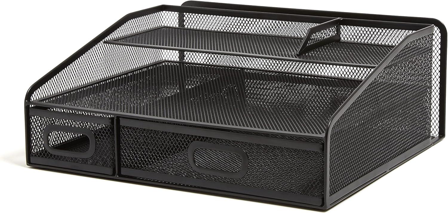 Matte Black Metal Mesh 6-Compartment Desk Organizer with Drawers