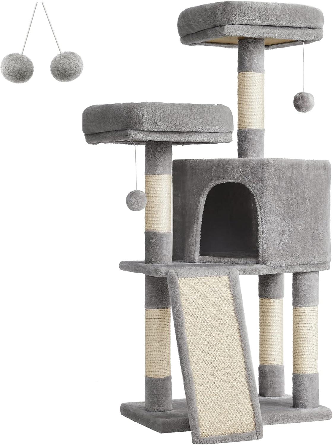 Light Gray Plush Cat Tree Tower with Sisal Scratching Posts