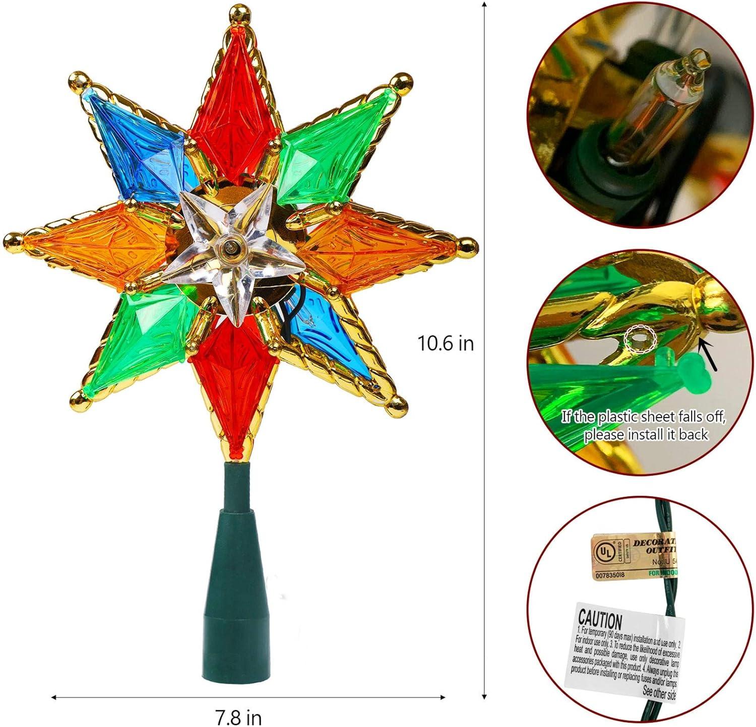 Twinkle Star Lighted Christmas Tree Topper, Colorful 8-Point Star Xmas Star Treetop with 10 Incandescent Lights, Holiday Christmas Tree Decorations