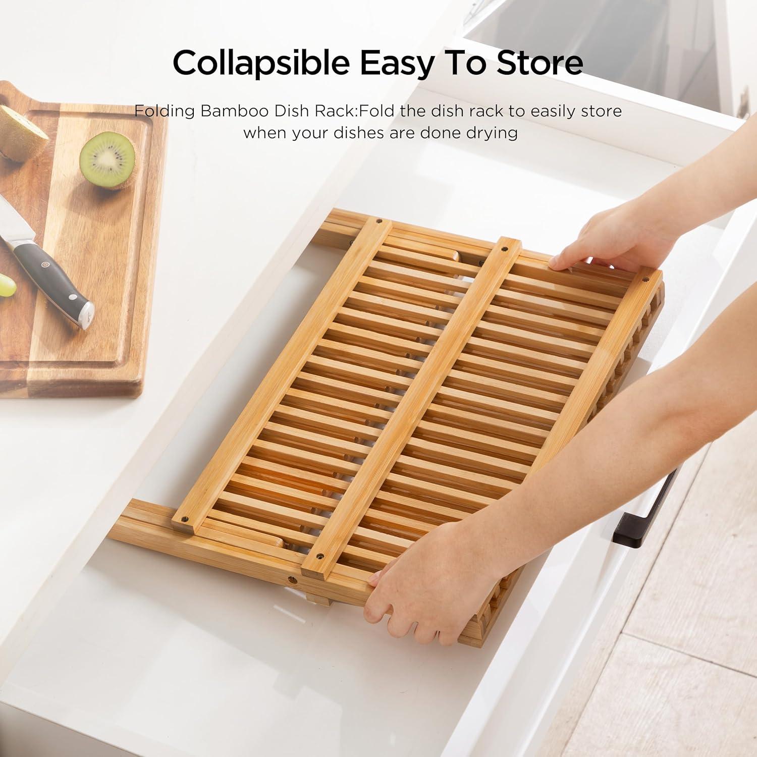 Foldable Bamboo 2-Tier Dish Drying Rack with Utensil Holder