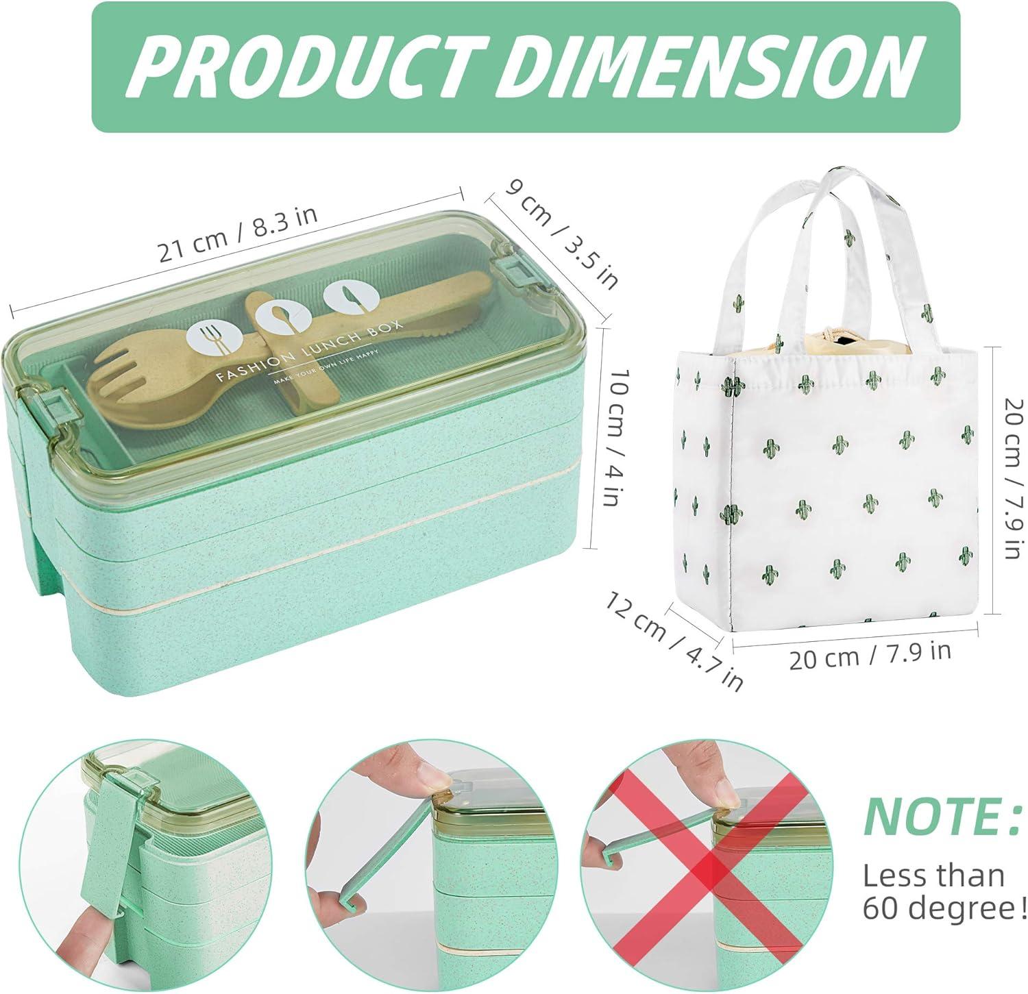 Green 3-Layer Leak-Proof Bento Lunch Box with Utensils and Bag