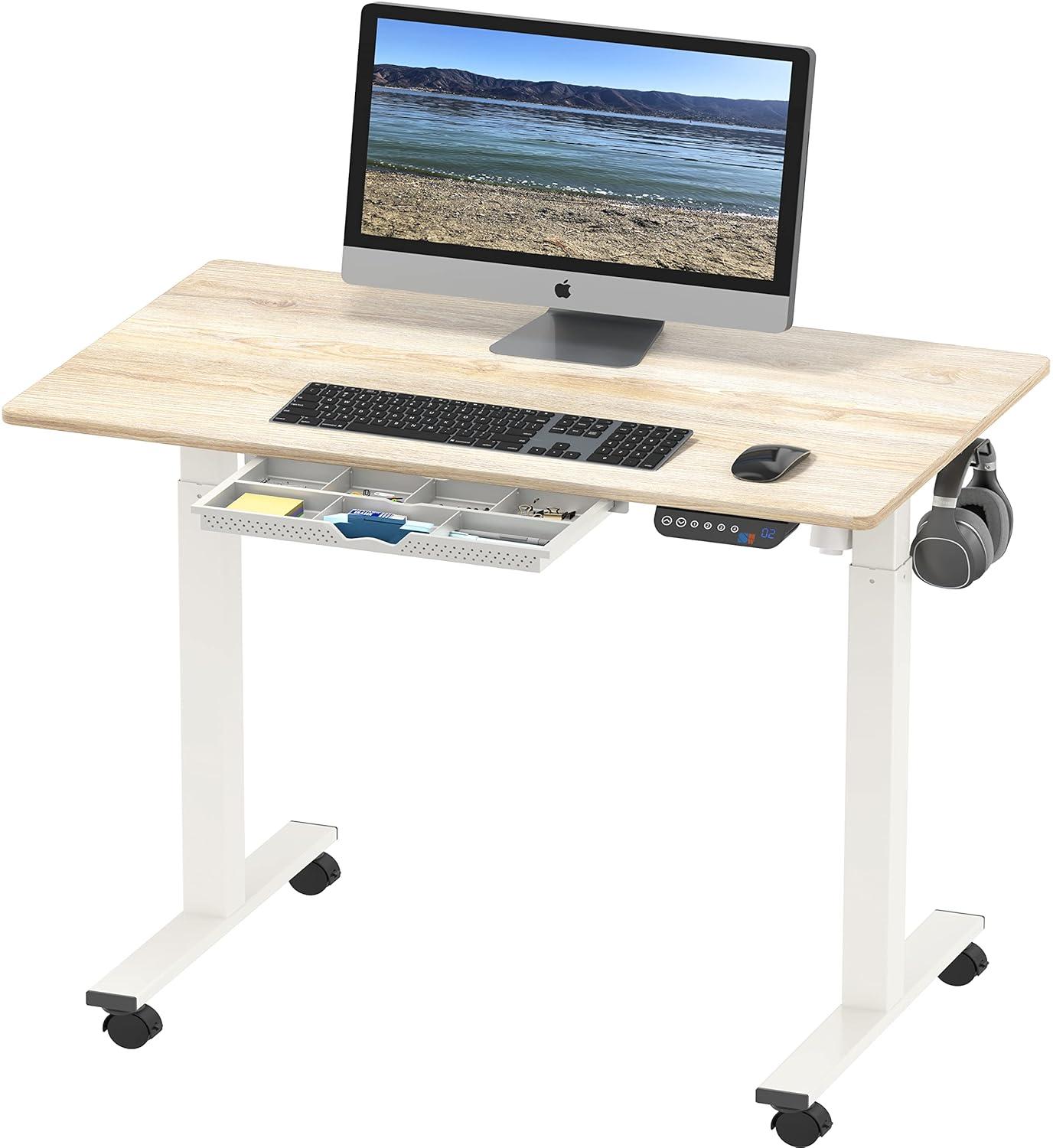 SHW 40-Inch Mobile Electric Height Adjustable Sit to Stand Desk with Drawer, Hanging Hooks and Cable Management, Oak