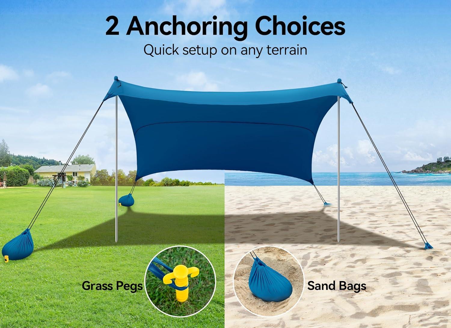 Beach Tent, Camping Sun Shelter 10 X 10ft, With 4 Sandbags, UPF50 , Includes Sand Shovel, Ground Pegs & Stability Poles, Pop Up Beach Canopy Sunshade For Fishing, Backyard Fun Or Picnics