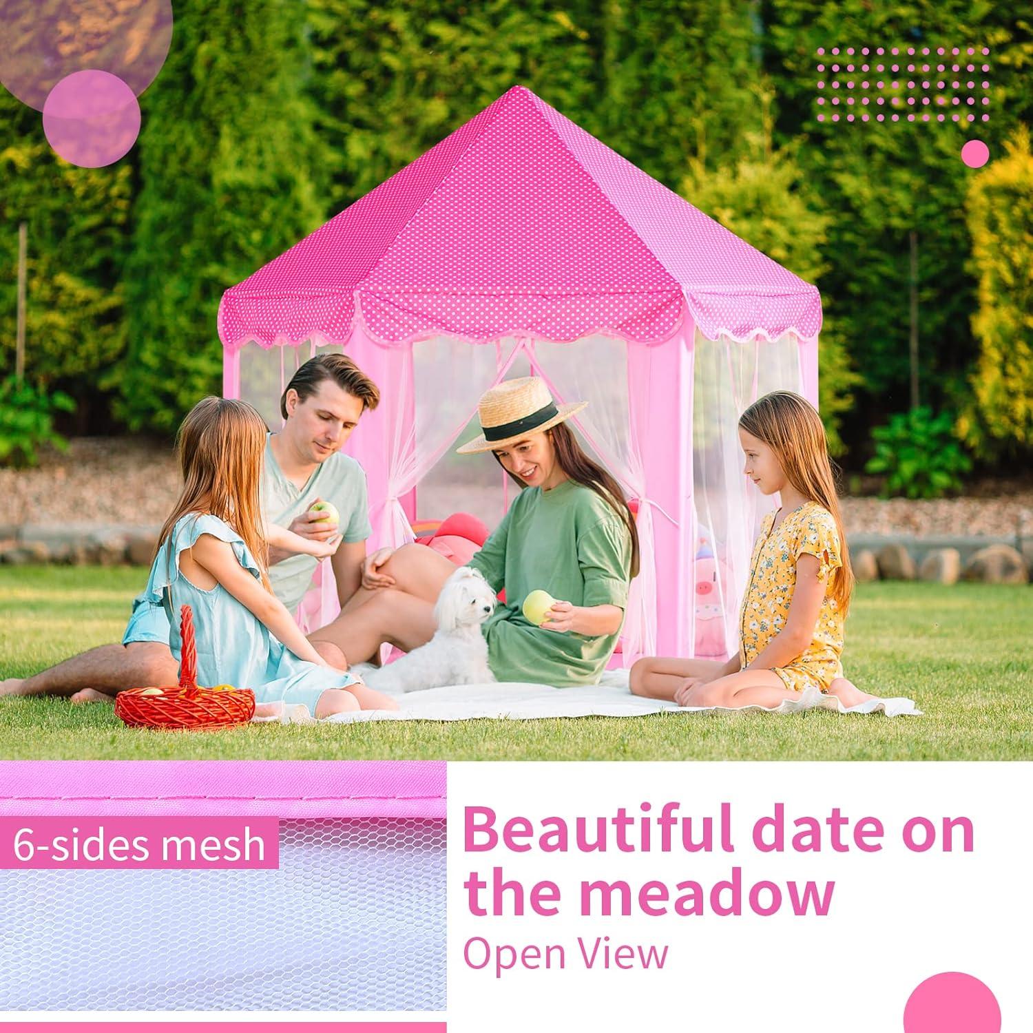 Pink Hexagon Princess Castle Tent with Fairy Star Lights