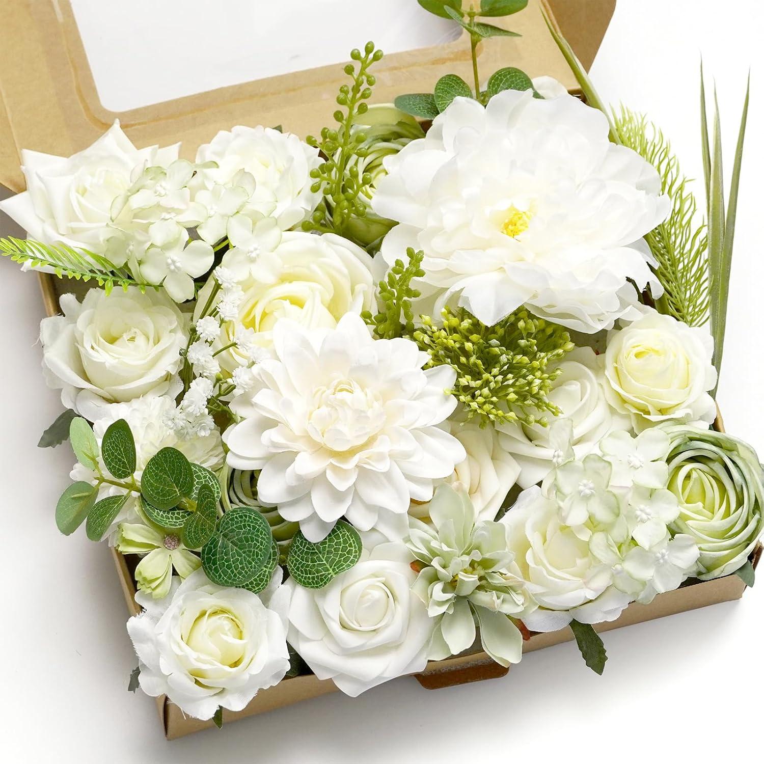 Artificial Flower Combination Box Set Artificial Flower Loose Leaves and Stems DIY Wedding Center Bouquet Bride Wedding Baby Shower(White)