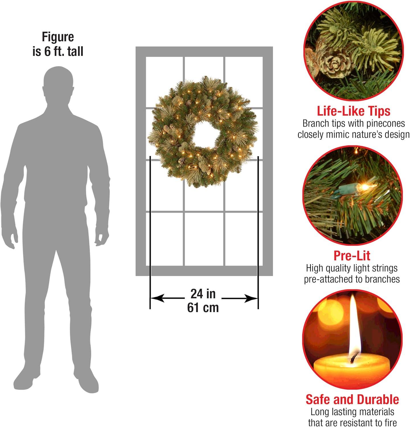 National Tree Company Pre-Lit Artificial Christmas Wreath, Green, Carolina Pine, White Lights, Decorated with Pine Cones, Christmas Collection, 24 Inches