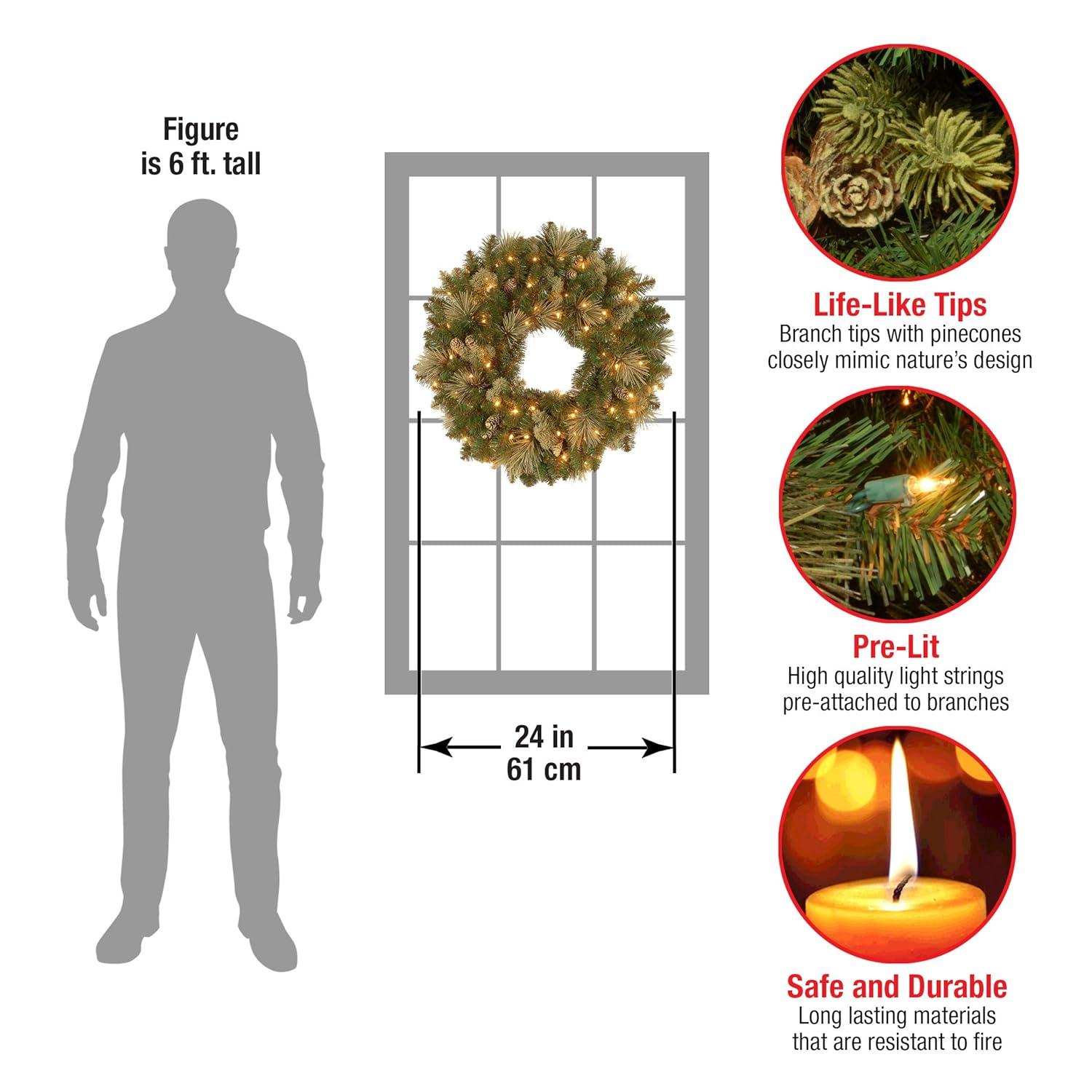 National Tree Company Pre-Lit Artificial Christmas Wreath, Green, Carolina Pine, White Lights, Decorated with Pine Cones, Christmas Collection, 24 Inches