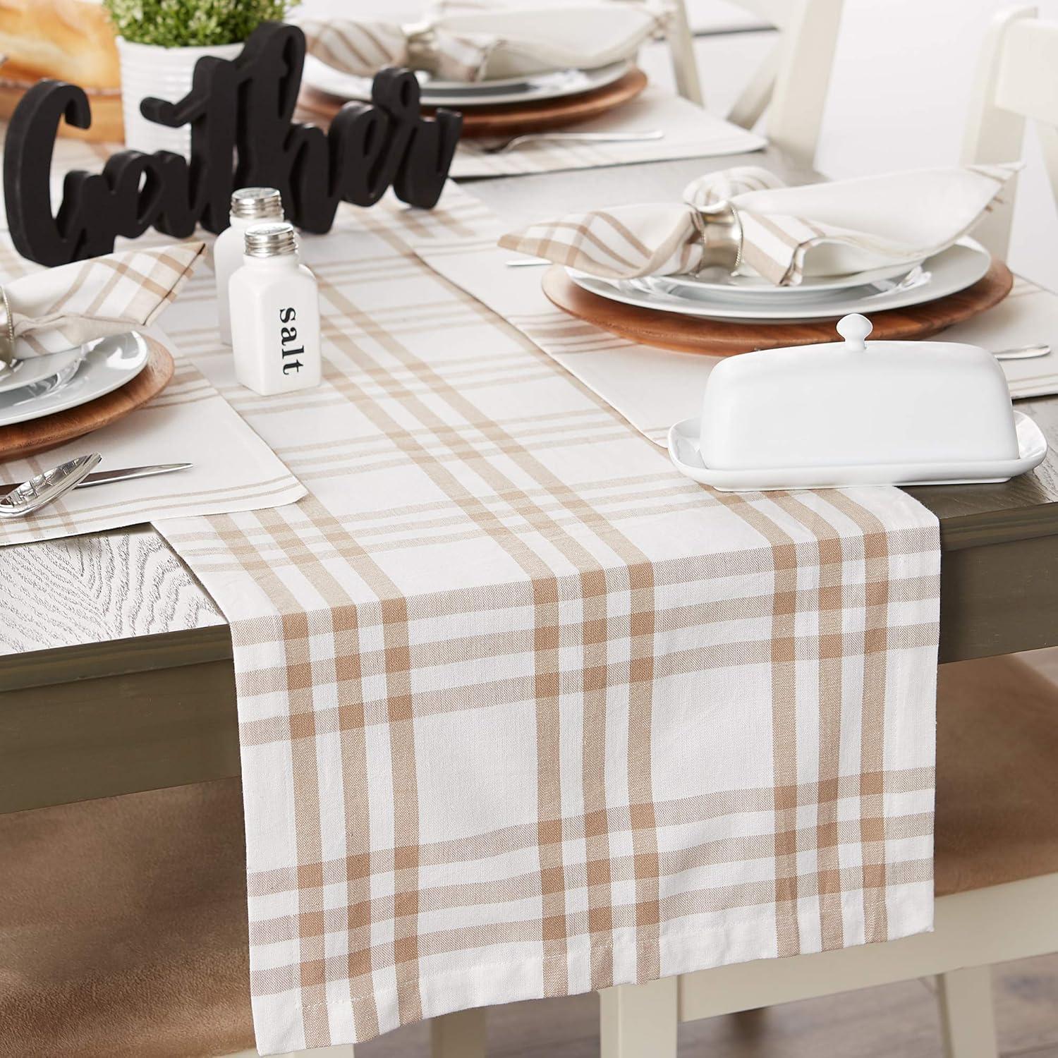 Beige and White Cotton Plaid Table Runner 14x72