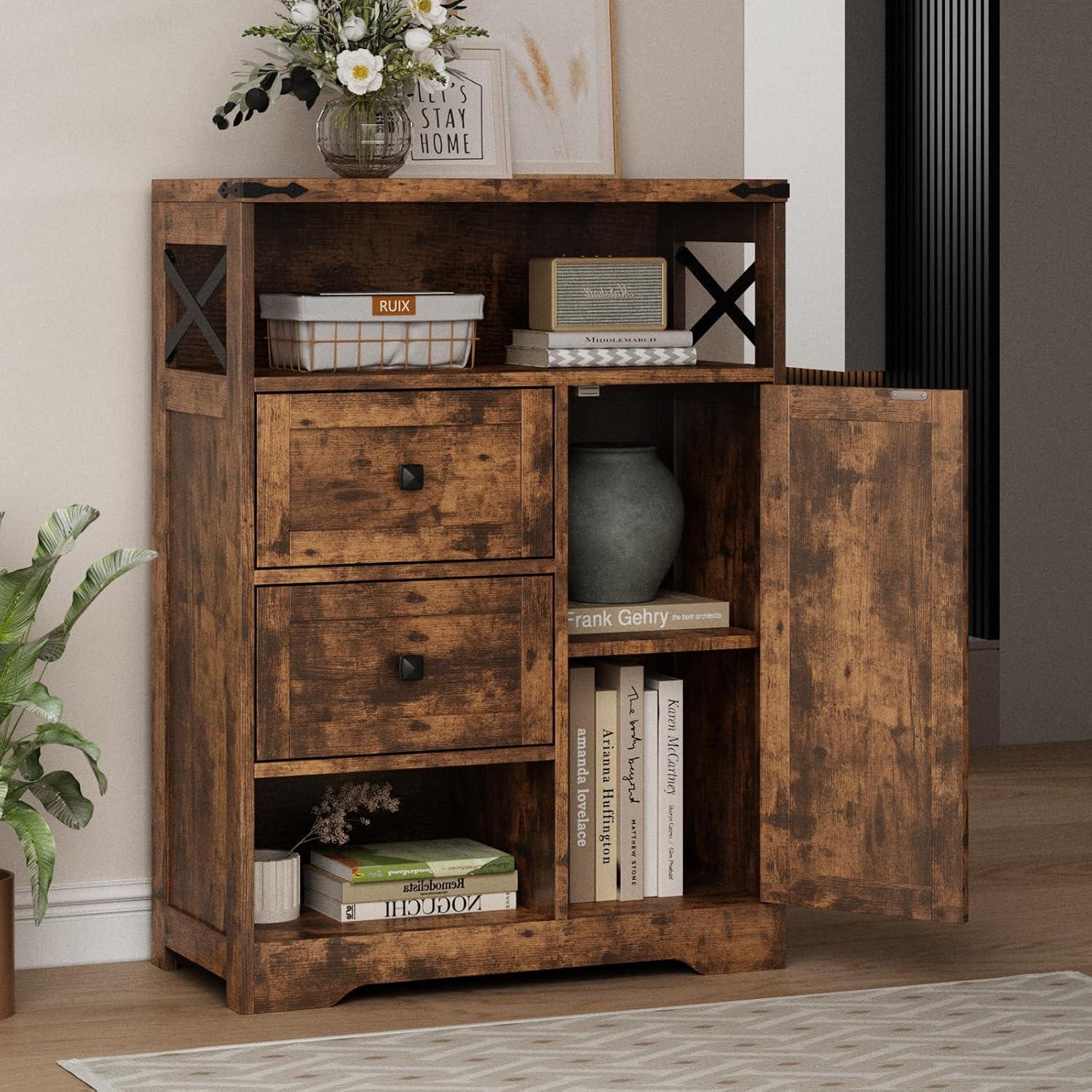 Rustic Brown Wood Living Room Storage Cabinet with Adjustable Shelving