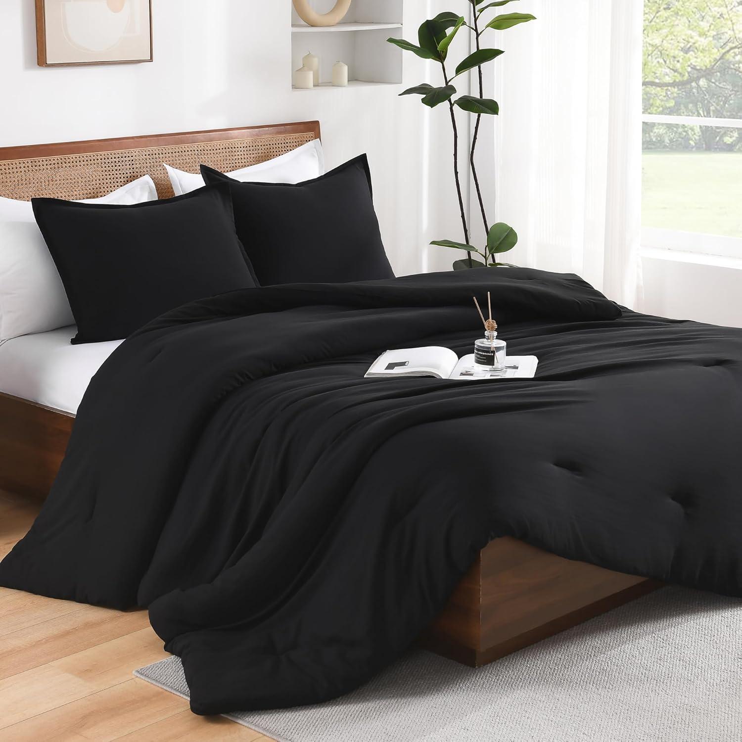 Andency Black Comforter Set Queen, 3 Pieces Lightweight Solid Bed Comforter for Men Women, All Season Soft Microfiber Down Alternative Comforter Set