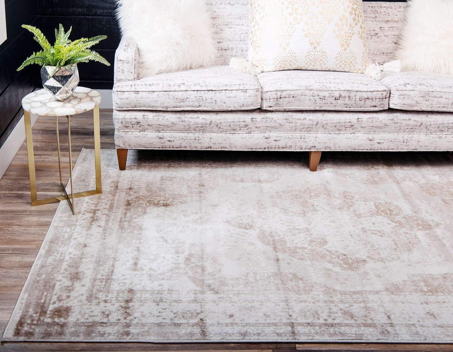 Beige 5'3" x 8' Synthetic Rectangular Easy-Care Area Rug