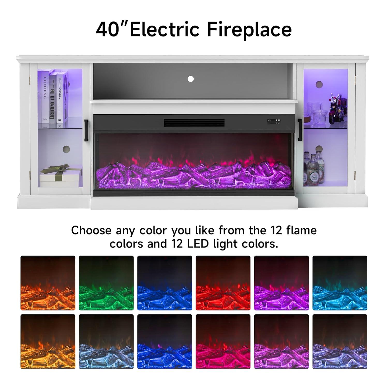 Real Relax Fireplace TV Stand for 80 inch TV, 72.8" Entertainment Center with 40 inch 3-Sided Electric Fireplace & LED Lights for Living Room, White