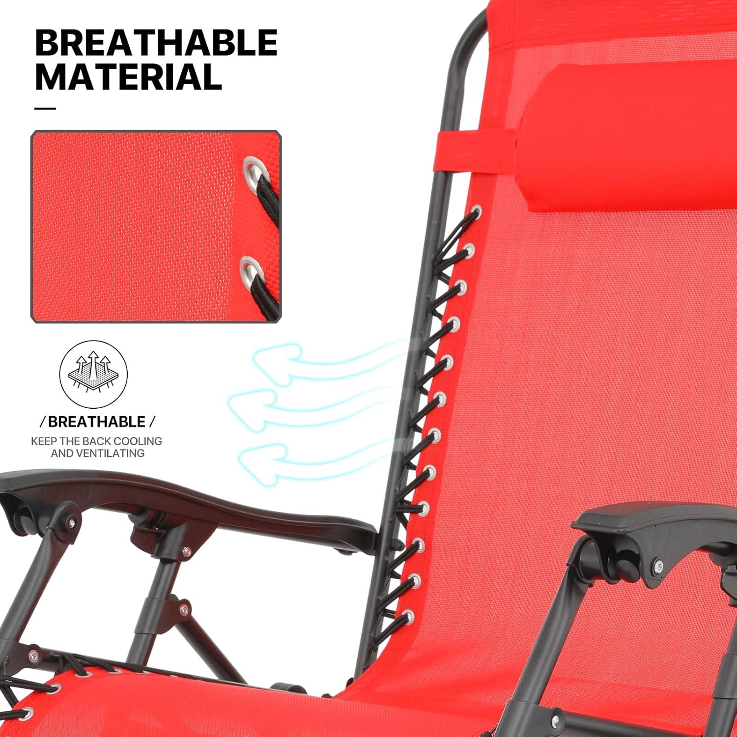 MoNiBloom Zero Gravity Lounge Chairs, Outdoor Patio Folding Beach Recliners with Headrest and Foot, Red
