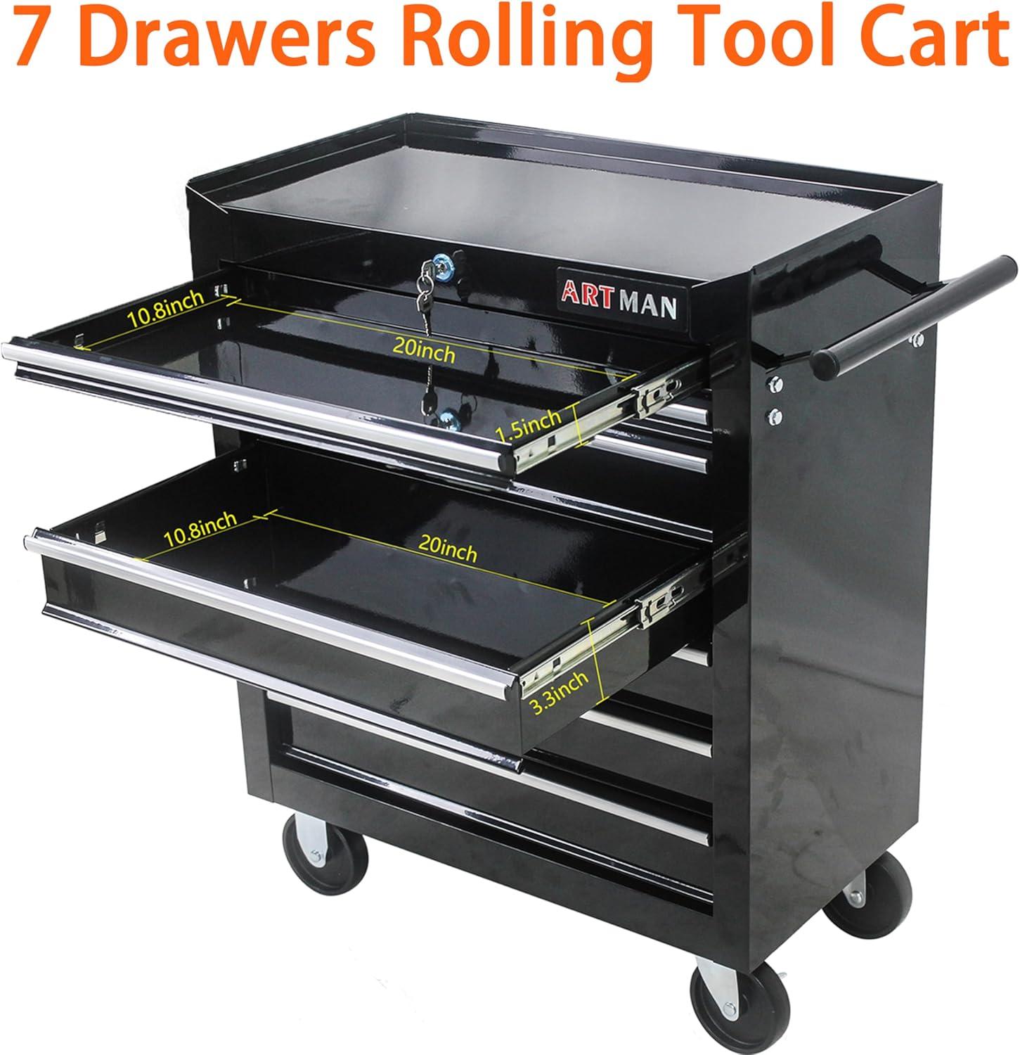 Black Heavy-Duty Steel 7-Drawer Rolling Tool Cart