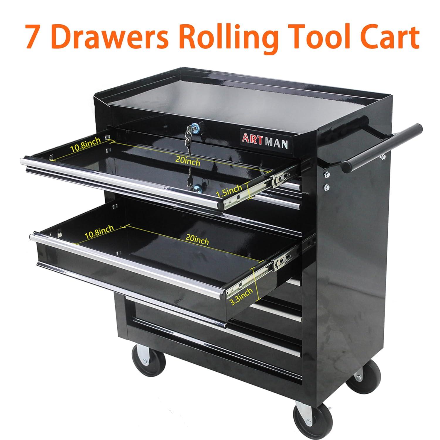 7 Drawer Tool Cart on Wheels, Tool Storage Cabinet with Key Lock, Versatile Rolling Tool Cart for Garages, Warehouses and Repair Shops, Black