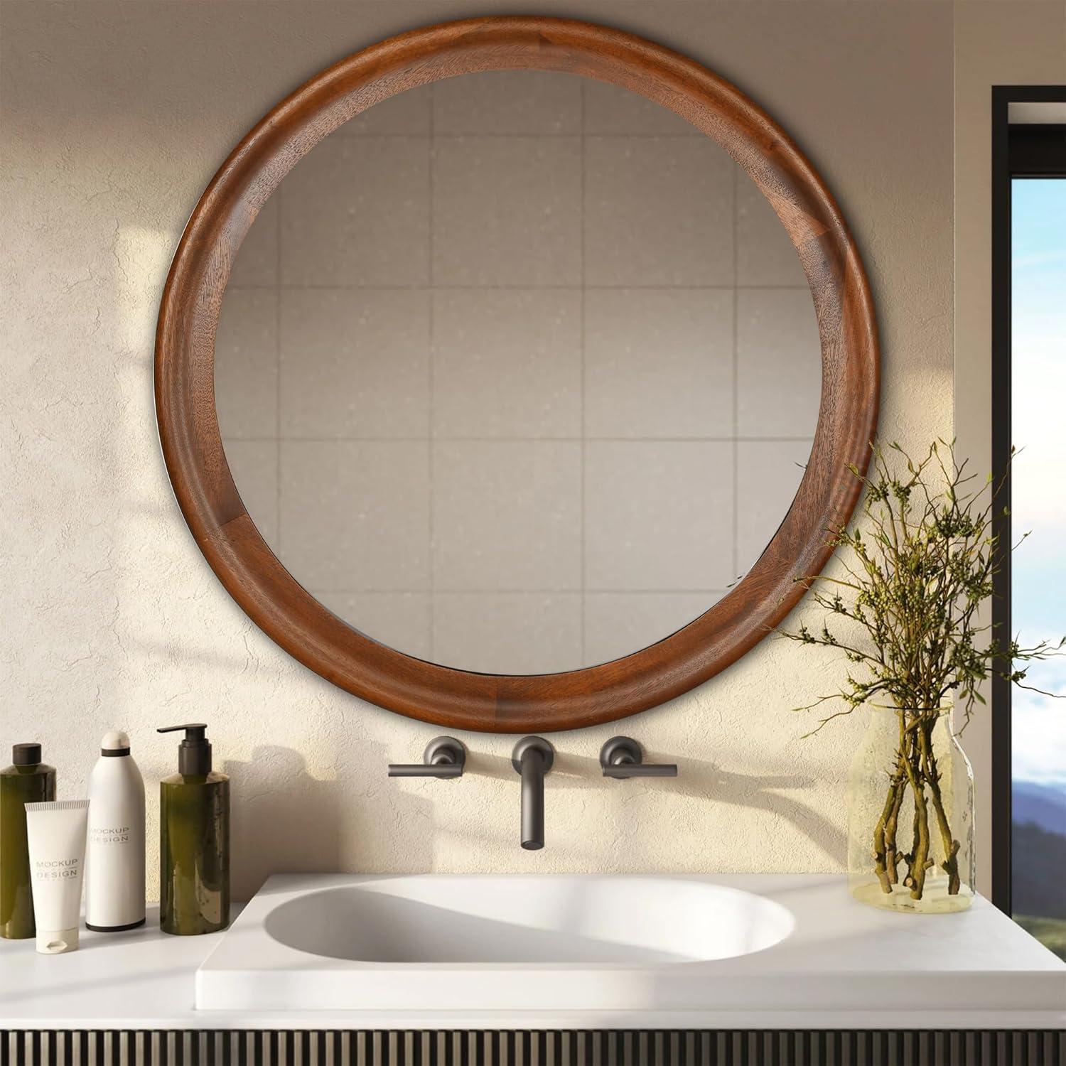 Latitude Run® Round Mirrors 30 Inch,Wood Vanity Wall Rustic Mirror With Walnut Frame, Wooden Mirror For Bathroom Bedroom Living Room Or Entryway(Walnut Brown)
