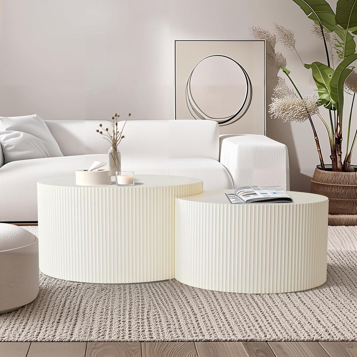 Nesting Coffee Table Set of 2, Vertical Stripe Design Drum Coffee Table, End Table, Round Side Table for Living Room, Bedroom, Beige