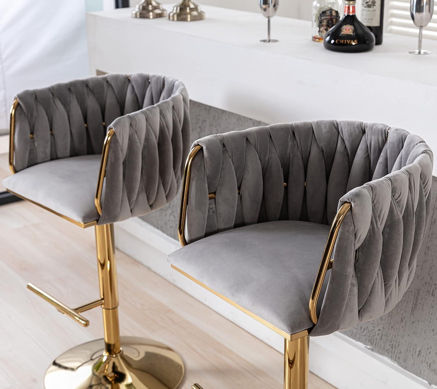 Velvet Bar Stools Set of 2, Counter Height Bar Stools with Low Back, Gold Swivel Barstools for Kitchen Island, Bar Pub (Grey)