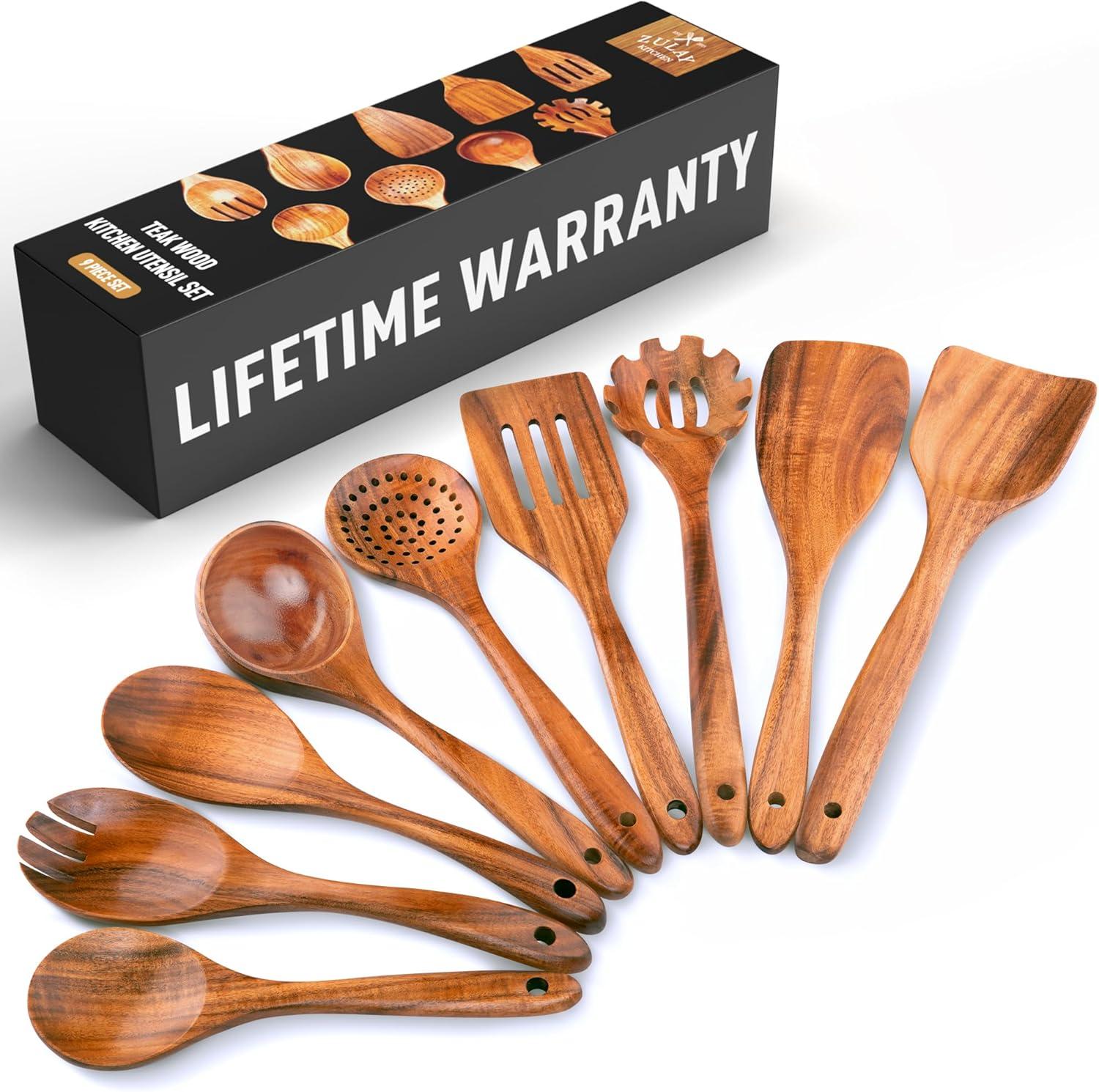 FAST APPLIANCES LLC 9Pcs Wooden Cooking Utensils, Wooden Spoons For Cooking, Teak Wood Kitchen Utensil Set