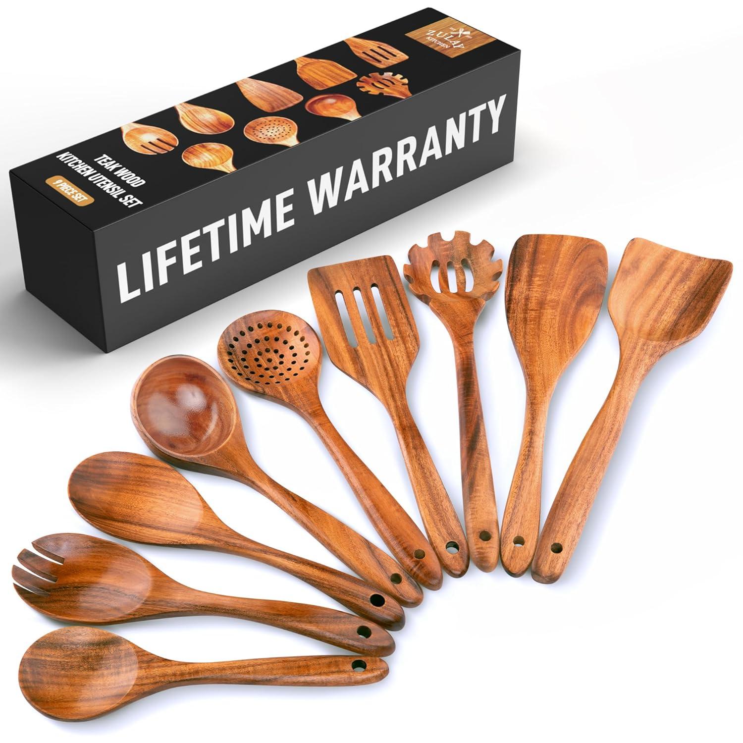 FAST APPLIANCES LLC 9Pcs Wooden Cooking Utensils, Wooden Spoons For Cooking, Teak Wood Kitchen Utensil Set