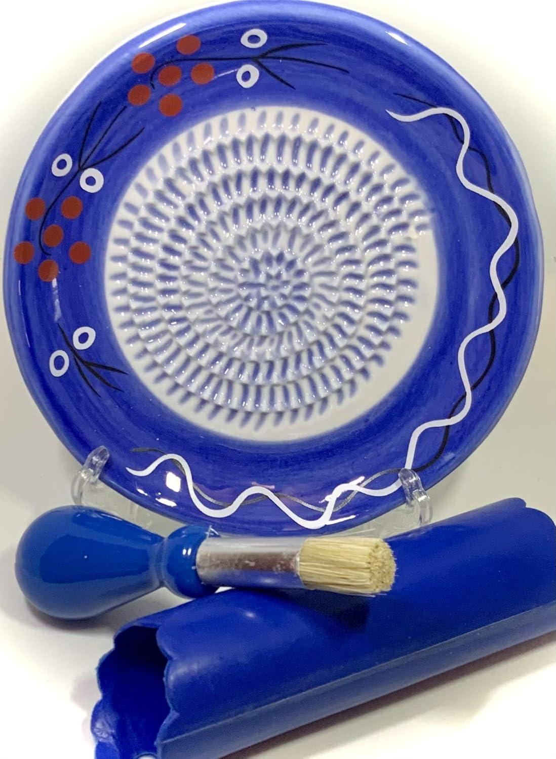 All-in-one 4pcs Premium Ceramic Garlic Grater Set - HandMade, Blue Stoneware Design Grater Plate_Garlic Peeler, Gathering Brush, Display Stand, It's also grating Turmeric, Ginger, and more,.