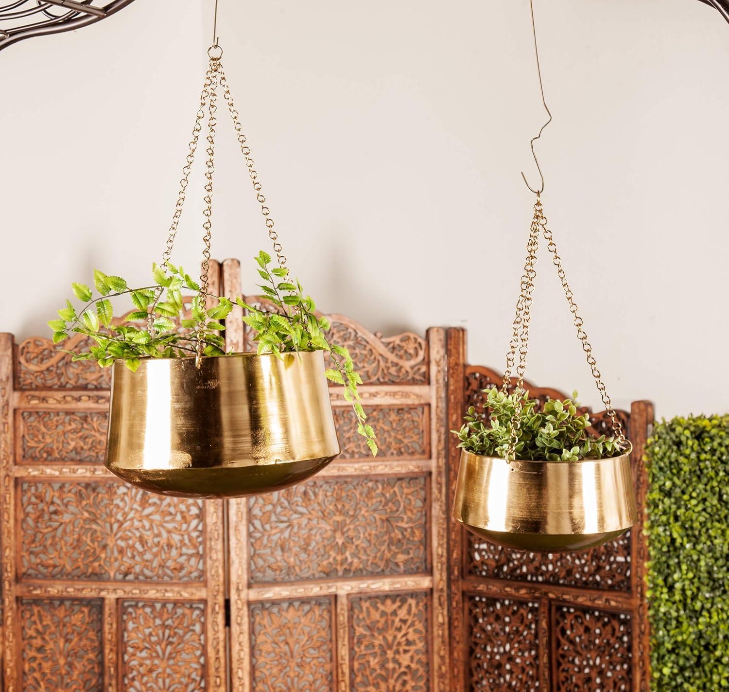 DecMode 5", 7"H Round Gold Metal Indoor Outdoor Hanging Dome Wall Planter with Chain (2 Count)