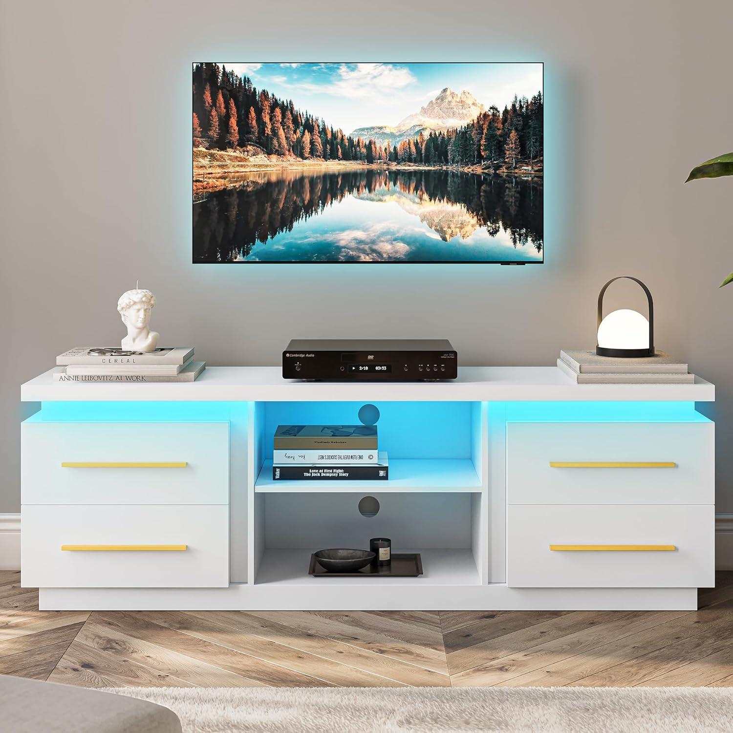 BELLEZE 66" TV Stand for TVs Up to 75", Entertainment Center with Music Sync LED Lights, Media Console Table Storage Cabinet with Open Shelves & Drawers for Living room, Bedroom - Hawthorn (White)