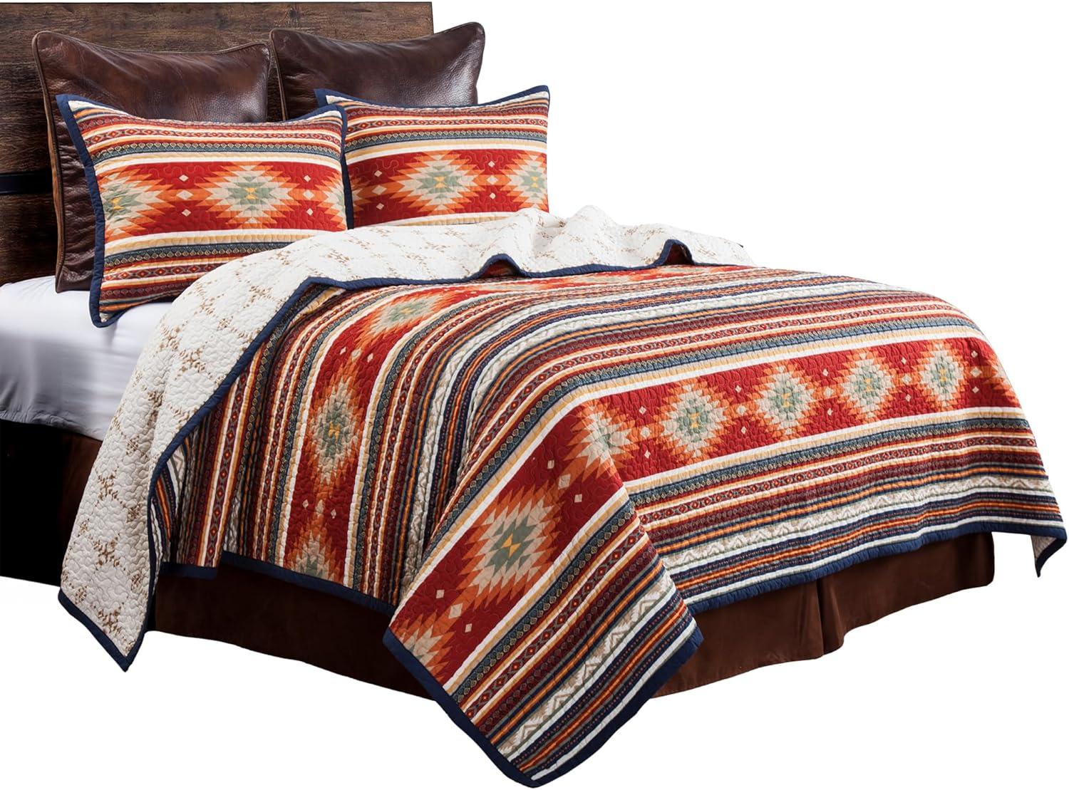 Paseo Road by HiEnd Accents Del Sol Red/Orange/Tan Aztec Print Cotton Southwestern Style Reversible Quilt Set