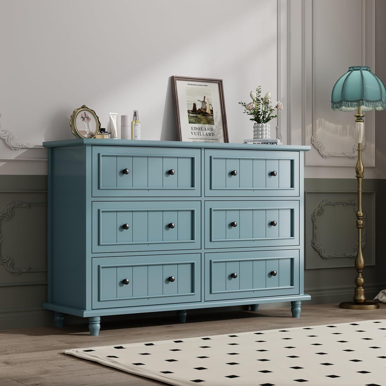 Scurrty 6 Drawer Dresser, Antique Chest of Drawers, Large Cabinet with Storage, Big Dresser for Clothes in Living Room, Bedroom (Blue)