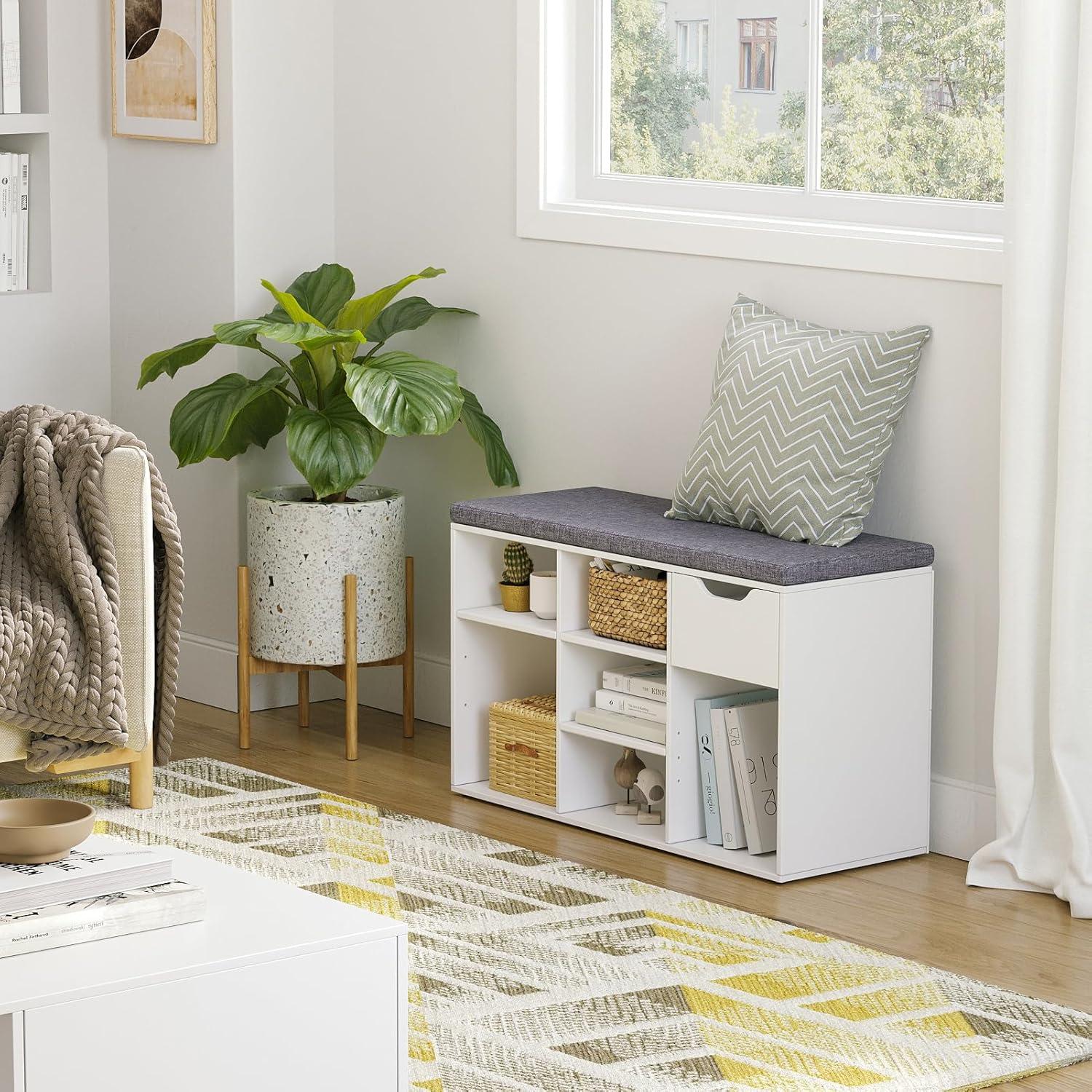 White Entryway Shoe Bench with Drawer and Gray Cushion