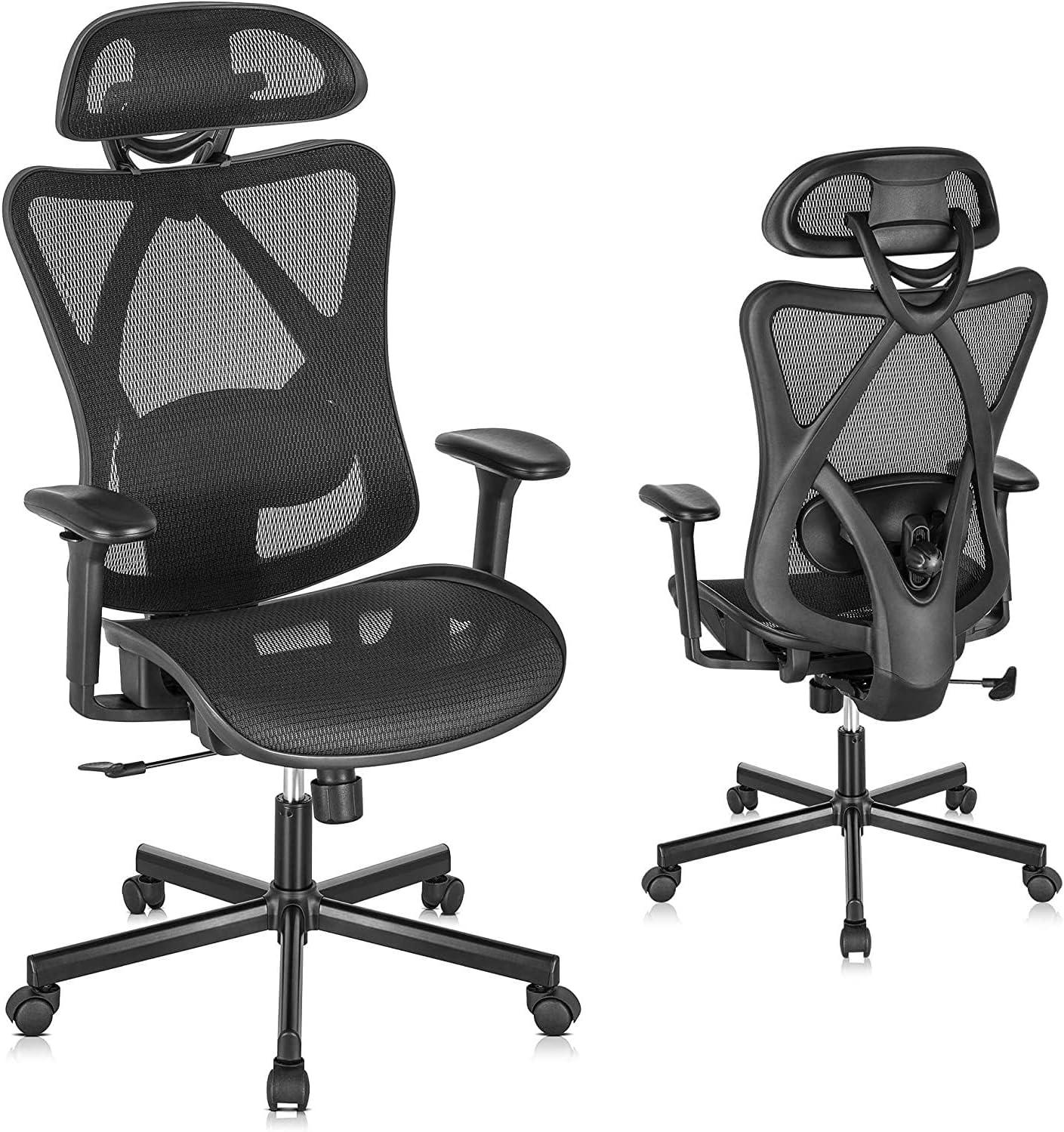 Mesh Office Chair,Ergonomic Office Chairs with Wheels,Adjustable Lumbar Support,Armrest,Headrest-Tilt High Back Desk Chair with Mute Wheel for Office, Home, Gaming